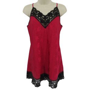 VTG Deena Women Medium 2582P Red Flower Print Black Lace Babydoll Sleep Dress
